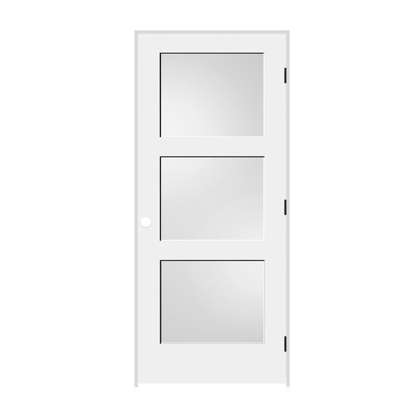 Codel Doors 36"x80"x1-3/8" Primed 3-Panel Equal Panel w/White Lami Glass Interior Shaker 7-1/4" LH Prehung Door 3068pri8433GLLH1D714 - main